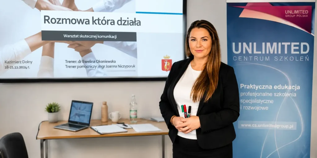 Szkolenie z komunikacji i sprzedaży w firmie Lublin – trener prezentujący warsztat w sali szkoleniowej