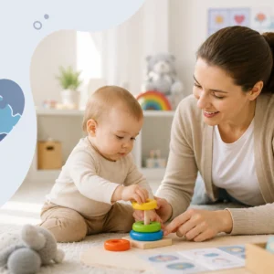 Opiekunka w żłobku wspierająca małe dziecko ze spektrum autyzmu podczas zajęć edukacyjnych w sali zabaw.