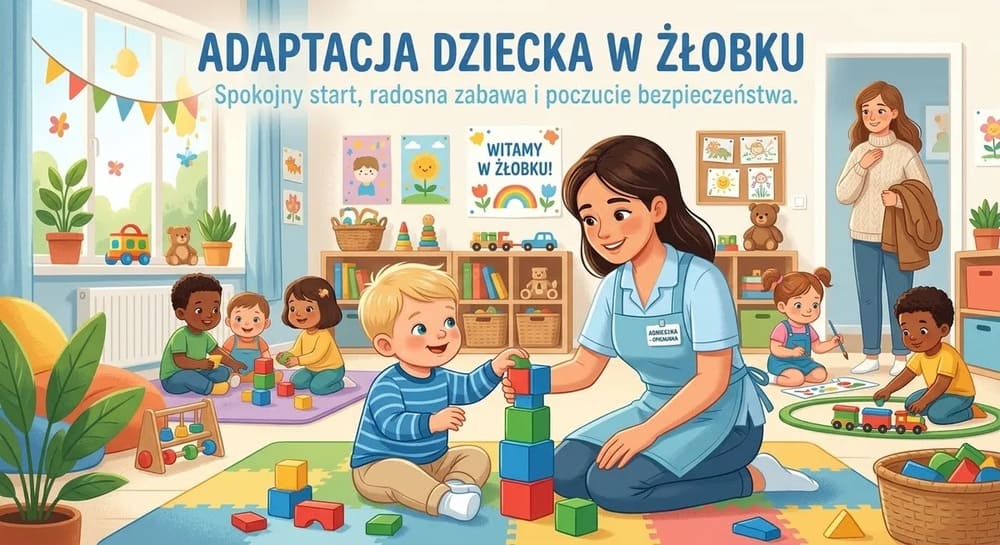 Ilustracja przedstawia jasną salę w żłobku, w której opiekunka pomaga dziecku układać wieżę z klocków. W tle inne dzieci bawią się na dywanie, a w drzwiach stoi uśmiechnięta mama. Na górze widnieje napis „ADAPTACJA DZIECKA W ŻŁOBKU”.
