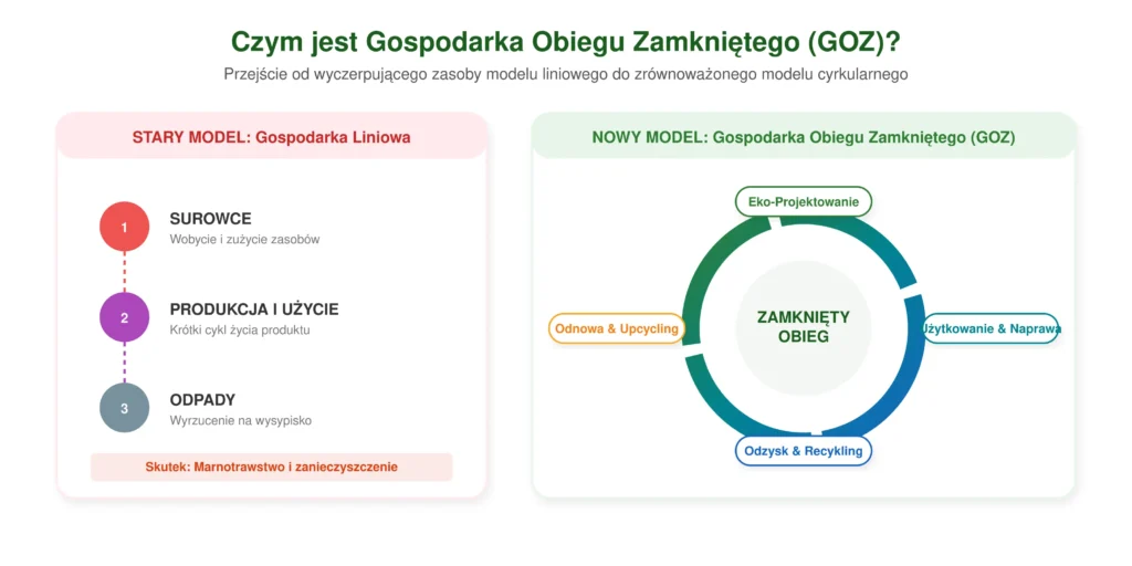 Porównanie modelu gospodarki liniowej i gospodarki obiegu zamkniętego GOZ w kontekście szkoleń i strategii dla firm.