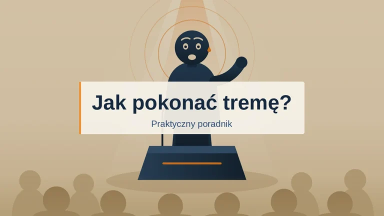 Zdenerwowana osoba stojąca za mównicą przed publicznością, ilustracja do artykułu Jak pokonać tremę