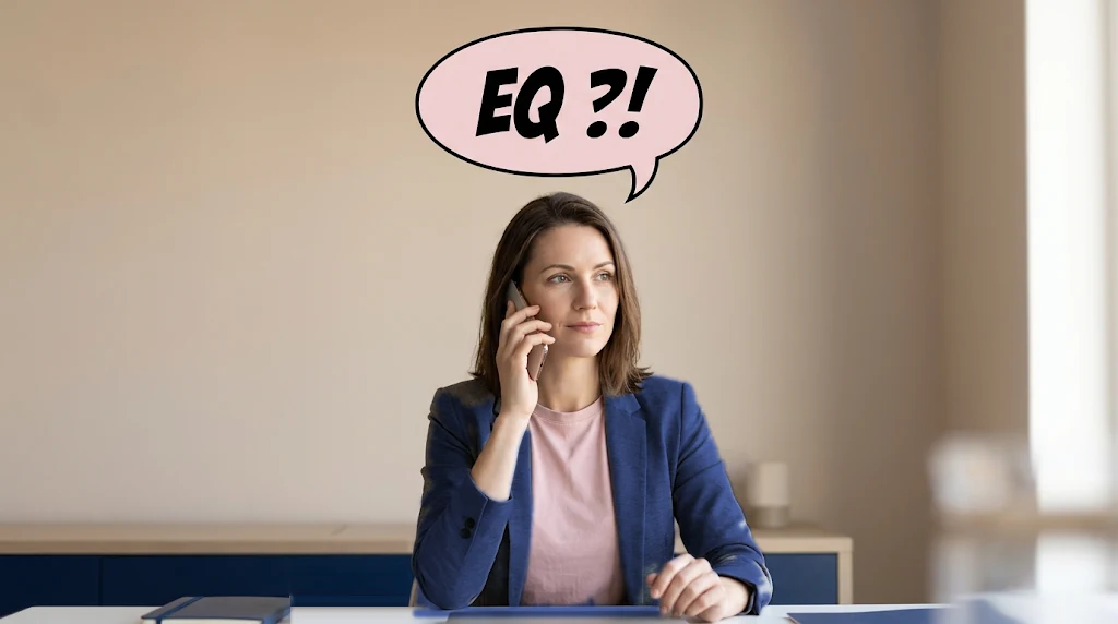 Kobieta w granatowej marynarce i różowej bluzce rozmawia przez telefon przy biurku, nad jej głową komiksowy dymek z napisem EQ