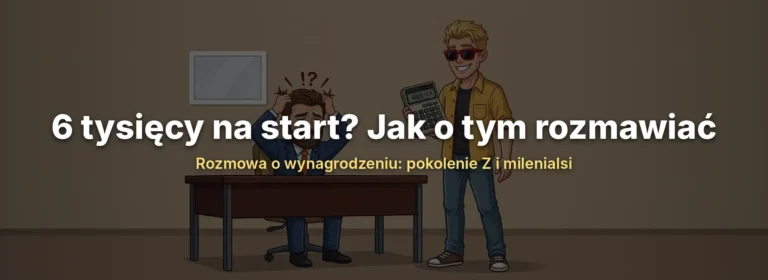Szef łapie się za głowę, a młody kandydat pokazuje mu żółty kalkulator z kwotą -6000 PLN