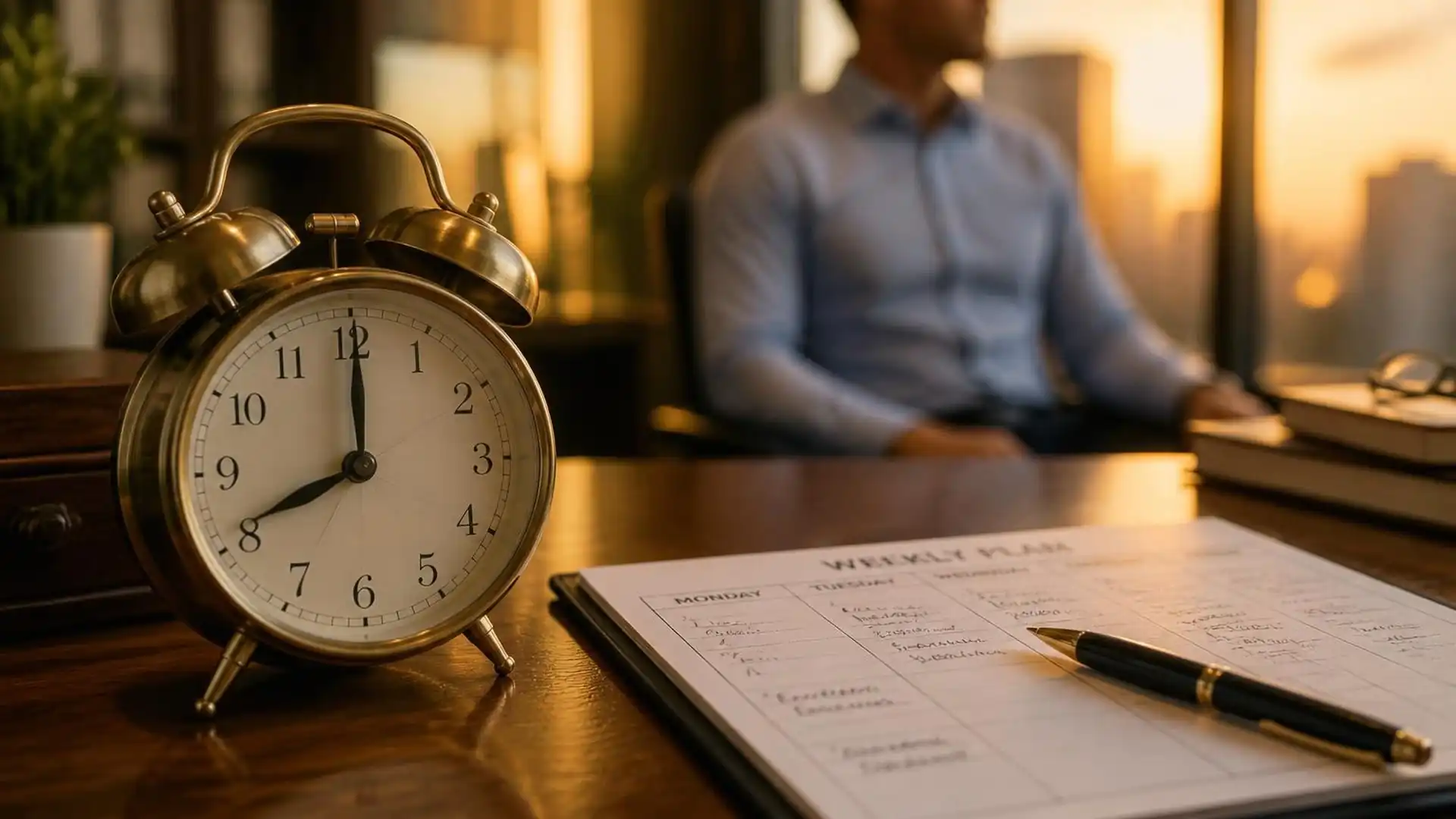 Zarządzanie czasem w pracy: budzik i tygodniowy plan pracy na biurku