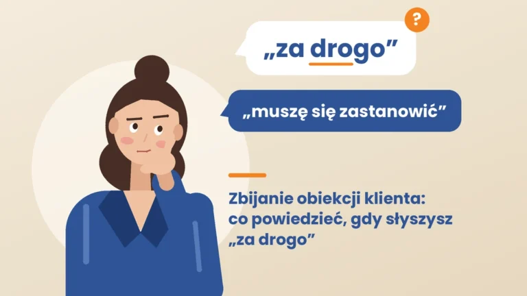 Zbijanie obiekcji klienta: co powiedzieć, gdy słyszysz „za drogo”, ilustracja z zamyśloną kobietą w niebieskim żakiecie