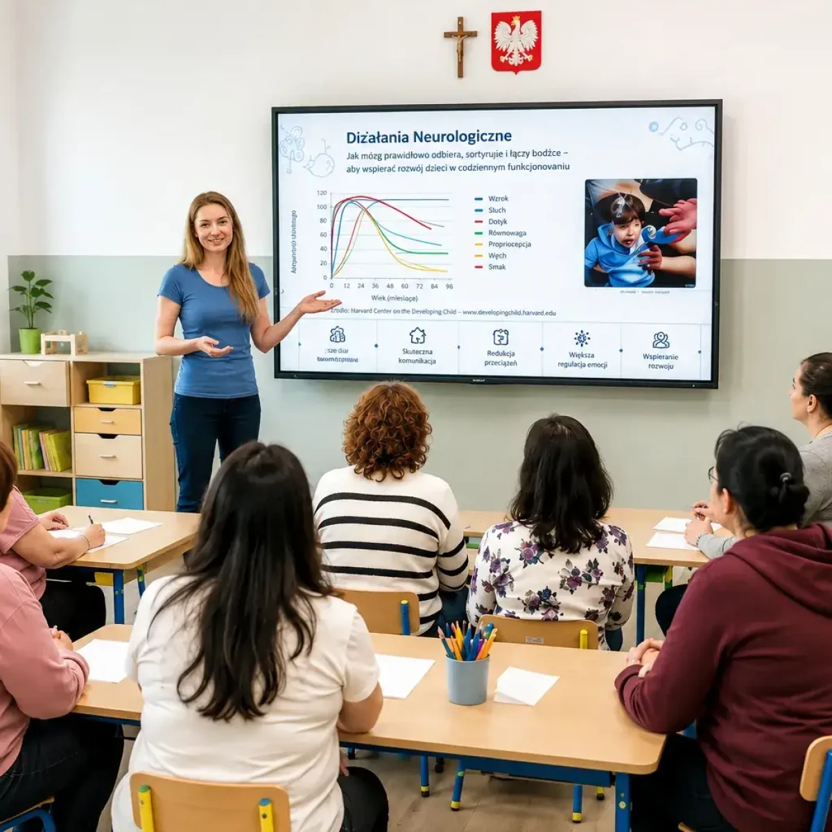 Prowadząca prezentuje zagadnienia dotyczące działań neurologicznych podczas szkolenia dla kadry żłobkowej. Uczestnicy poznają wpływ rozwoju neurologicznego na funkcjonowanie dziecka w spektrum autyzmu. Szkolenie stacjonarne Unlimited Centrum Szkoleń w Lublinie oraz na terenie całej Polski.
